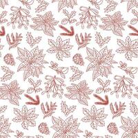 Seamless Christmas doodle pattern with winter florals. Hand drawn poinsettia flowers, holly leaves and pine branches in red line art on white background. Perfect for wrapping paper, textile vector