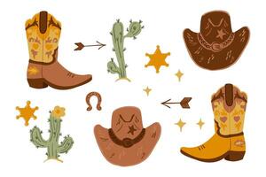 set of cowboy illustrations with boots, hats, cacti, sheriff stars, horseshoes, arrows, and stars in rustic, western style. Hand drawn flat drawings isolated on white background vector