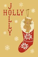 Festive Christmas banner with hand drawn cute cat peeking out of red stocking with snowflake patterns,with snowflakes and Holly Jolly lettering. Perfect for holiday cards template vector
