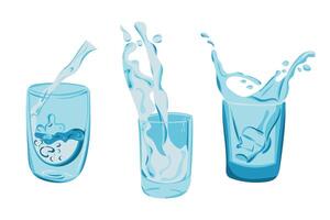 Three water glasses with dynamic splashes and fluid movement in shades of blue vector