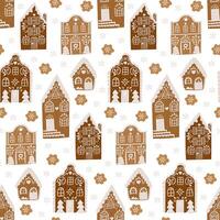 Christmas Seamless pattern with hand drawn gingerbread houses and icing designs on white background. Perfect for festive wrapping paper, textiles, and holiday projects vector