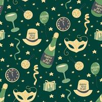 Festive seamless New Year pattern with party elements like champagne, masks, hats, balloons, clocks, stars, and confetti, celebrating the arrival of 2025 vector