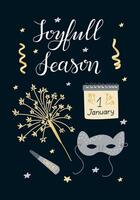 Joyful seasonal New Year banner with sparklers, confetti, calendar, and festive decorations on dark background vector