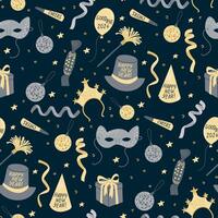 Seamless pattern with New Year party elements including masks, hats, balloons, gifts, streamers, and confetti on dark blue background vector