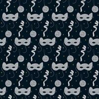 Seamless New Year pattern with silver masquerade masks, disco balls, swirling ribbons, and festive accents on dark background, creating an elegant and celebratory design. illustration vector