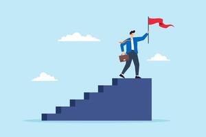 Flat illustration of successful businessman hold winning flag on top of staircase symbolizing step to achievement vector