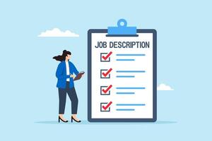 Flat illustration of employer write job description document on clipboard responsibility and qualification for employment vector