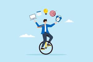 Flat illustration of skillful businessman riding unicycle while juggling laptop calendar idea email bullseye alarm clock productivity and multitasking vector