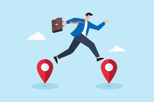 Flat illustration of businessman jump from one map pin to another business relocation to new address vector