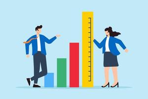 Flat illustration of businessman and businesswoman measuring assess bar graph with ruler business benchmark and KPI vector