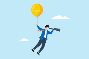 Flat illustration of businessman fly with lightbulb balloons looking telescope visionary ideas searching success finding solution vector