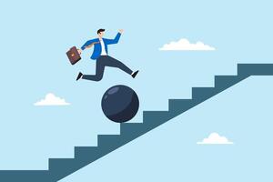 Flat illustration of businessman jump over falling boulder on staircase overcoming obstacle to success vector