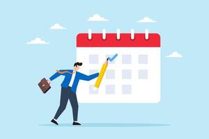 Flat illustration of businessman plan schedule giving checkmark on calendar with pencil representing time management vector