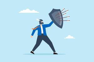 Flat illustration of strong businessman with armor and shield defend against incoming bow arrow protection from threat vector