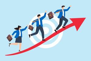 Flat illustration of business people coworker walk up on arrow path to reach target teamwork and achievement vector