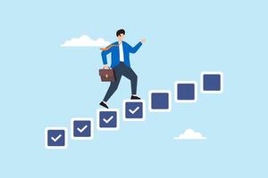 Flat illustration of businessman step on checkbox checklist progressing from start to success in completing task vector