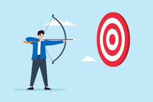 Flat illustration of businessman aim with archery bow to hit target ambition and goal achievement vector