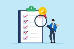 Flat illustration of businessman inspect standard QC badge document with magnifying glass quality control checklist certified approval vector