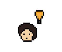 8 bit design smile man face male boy with idea light bulb idea spark think cute cartoon pixel art. vector