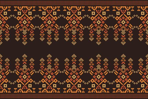 Cross stitch design motif pixel brown color fabric pattern for decor ethnic wallpaper with brown color background.