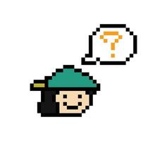 Design cartoon 8-bit about male man or boy with question mark confuse wonder don't know question pixel. vector