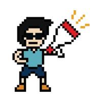 8 bit decor design smile face man male boy and megaphone shout announce declare pixel art. vector