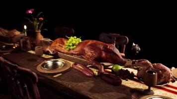 A lavish banquet featuring an array of food and drinks on a wooden table video