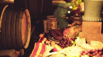 A bountiful table spread with various foods and drinks for a festive gathering video