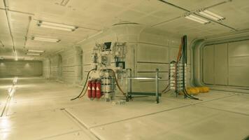 Futuristic corridor with equipment and storage in a space facility video
