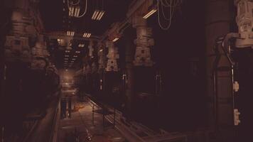 Exploring the dimly lit industrial corridor with towering columns and machinery video