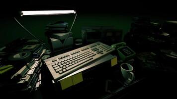A retro computer setup illuminated by a vintage lamp in a cluttered workspace video