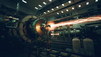 High tech science lab with glowing energy beams and advanced machinery video