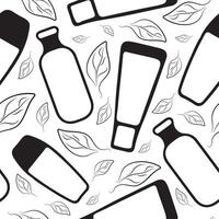 seamless pattern with various jars and tubes and with green leaves indicating the naturalness of the product, for packaging, posters, various designs vector