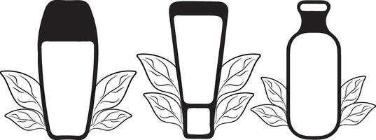 set of simple icons of rectangular jars and tubes for various cosmetics and leaves indicating the naturalness of the product vector