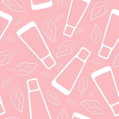 seamless pattern with a longer cosmetic tube and leaves indicating the naturalness of the product on a pink background