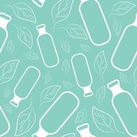 seamless pattern with simple black and white icons of semicircular cosmetic bottle and leaves on blue background vector