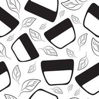 seamless pattern of a triangular cosmetic jar for cream and leaves indicating the naturalness of the product are arranged randomly vector