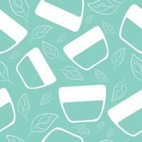 seamless pattern of triangular cosmetic jar for cream and leaves on blue background, for various packaging or posters vector
