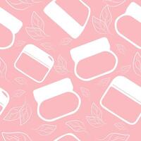 seamless pattern with round cosmetic jars for cream and leaves on a pink background and arranged randomly vector