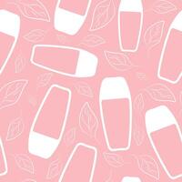 seamless pattern with simple icons of cosmetics and leaves on a pink background, for various packaging or advertising vector