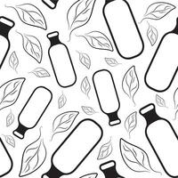 seamless pattern with simple black and white icons of semicircular cosmetics bottle with leaves on two sides indicating natural ingredients vector
