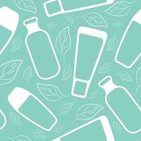seamless pattern with various jars and tubes and with green leaves on a blue background, for packaging, posters, various designs vector