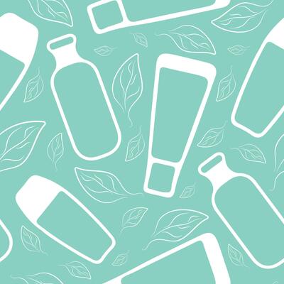 seamless pattern with various jars and tubes and with green leaves on a blue background, for packaging, posters, various designs