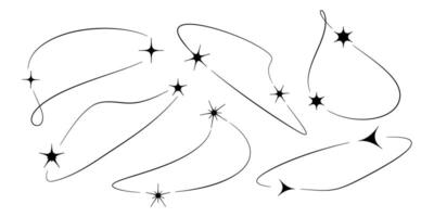 Set Stars, Lines aesthetic y2k. Collection abstract shape. Glitter, Sparks with contour. Glare and monoline. Twinkle. Glimmer of Magic, sorcery. Shining, shimmer and Highlight. illustration vector
