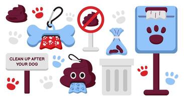 Holder, box with Bags for pet Poop. Set of items Clean up after dog. Dispenser with disposable Packets. Sign with crossed out . Throw away waste in trash can. Bone container. illustration vector