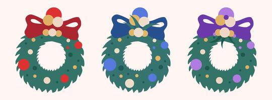 Christmas wreath in three color variation, New year holiday decoration, made from pine tree. illustration. vector