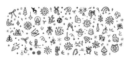 Cute line doodle Merry Christmas and. Happy New Year hand drawn rectangle background. Minimalist kids crayon scribble. Party celebration. Firework, confetti, light and movement magic effect vector