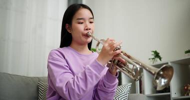 Handheld low angle view shot, Beautiful young woman in a light purple sweater sits on a sofa and is practicing the trumpet with determination in a cozy room at home. Weekend leisure activity. video