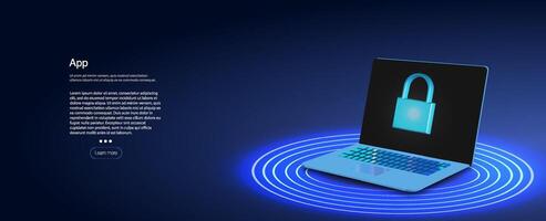 Secure application concept on a laptop with lock symbol and digital backdrop showcasing technology and cyber security. vector