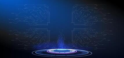 Futuristic digital portal with glowing circular platform and circuit patterns in a dark environment vector
